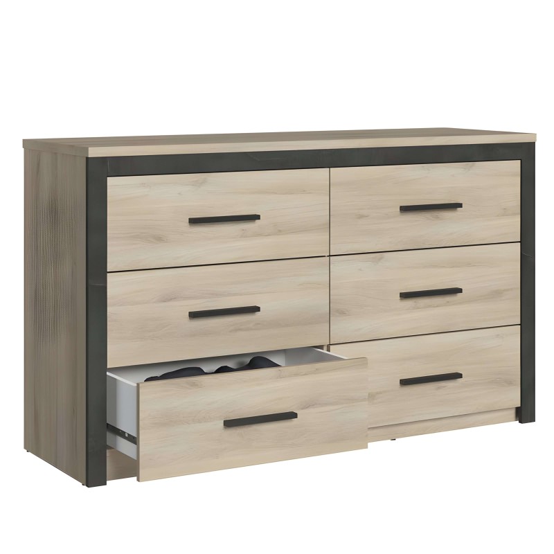 Cómoda de 6 cajones con estructura gris oscuro y frentes en color madera clara con tiradores negros
