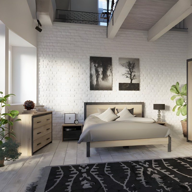 Cama de madera natural y estructura negra con cabecero tapizado en dormitorio industrial de pared blanca y vigas de hormigón