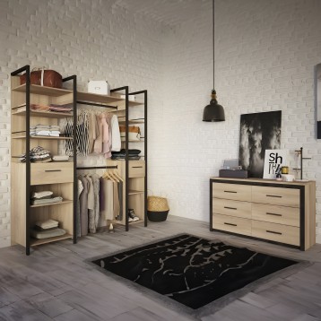 Dormitorio completo con armario abierto madera y estructura negra y cómoda de 6 cajones estilo industrial