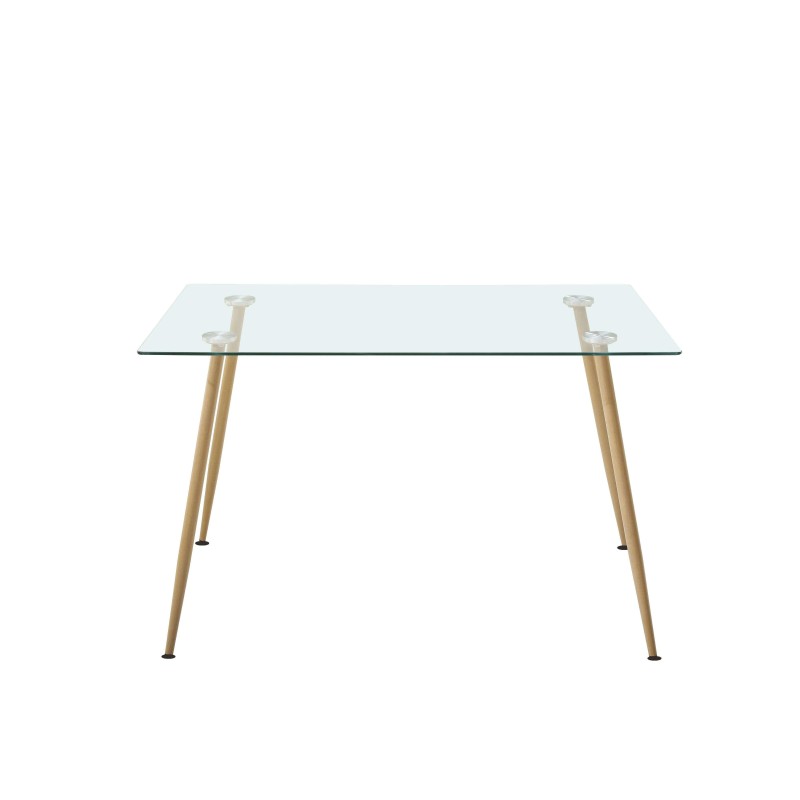 Mesa de comedor con tablero de cristal rectangular y patas de madera natural con detalles metálicos