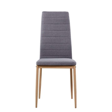 Silla de comedor tapizada en gris con respaldo acolchado y estructura de madera natural vista frontal