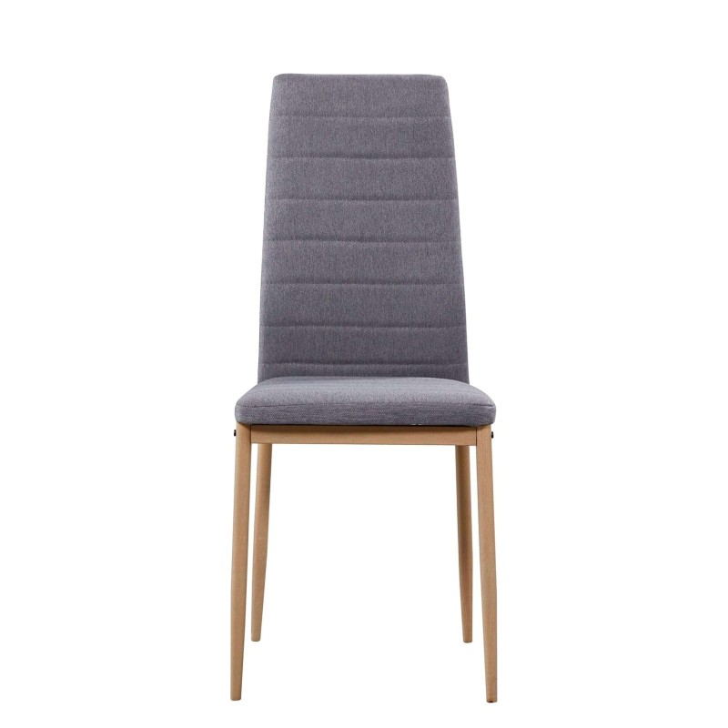 Silla de comedor tapizada en gris con respaldo acolchado y estructura de madera natural vista frontal