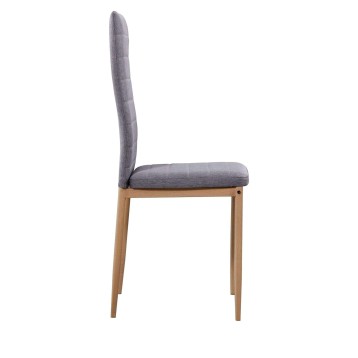 Silla de comedor con respaldo curvo tapizado en gris y estructura de madera natural vista de perfil