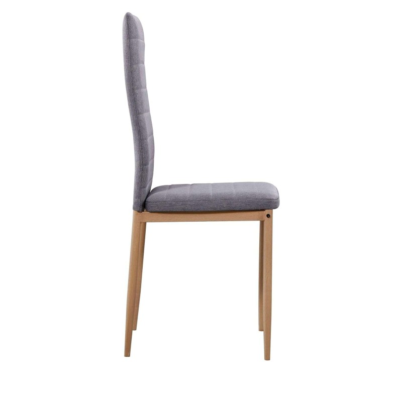 Silla de comedor con respaldo curvo tapizado en gris y estructura de madera natural vista de perfil
