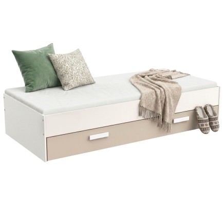 Cama nido blanca y beige con cajón inferior y colchón decorada con cojines verdes y manta beige