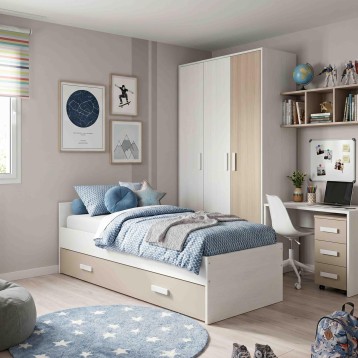 Cama infantil blanca con cajón de almacenamiento y cabecero acolchado en dormitorio moderno