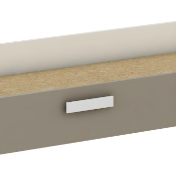 Detalle de cajón de mueble con frente gris y tirador blanco rectangular y tablero superior en madera clara