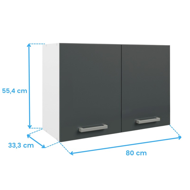 Mueble alto de cocina con dos puertas abatibles gris oscuro y estructura blanca con tiradores metálicos