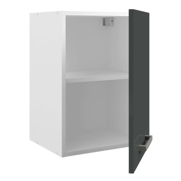 Mueble superior cocina blanco con frente negro y dos estantes internos abiertos