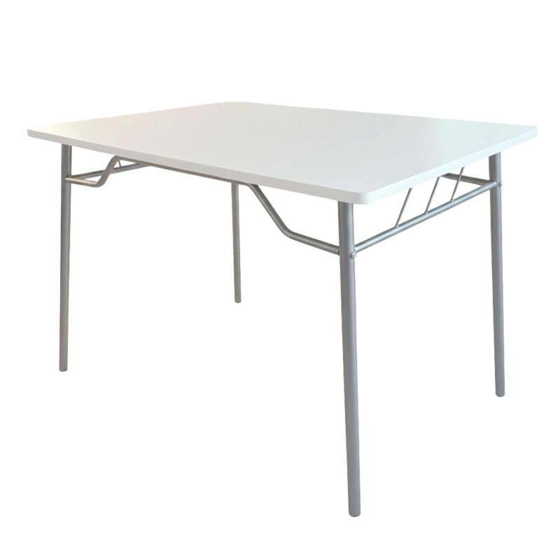Mesa plegable rectangular con tablero blanco y estructura metálica gris