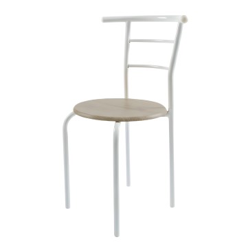 Silla de metal blanco con asiento redondo de madera natural y respaldo de barras horizontales