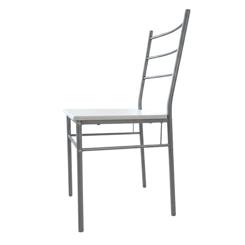 Silla con asiento blanco y estructura metálica gris con respaldo de barras horizontales curvadas