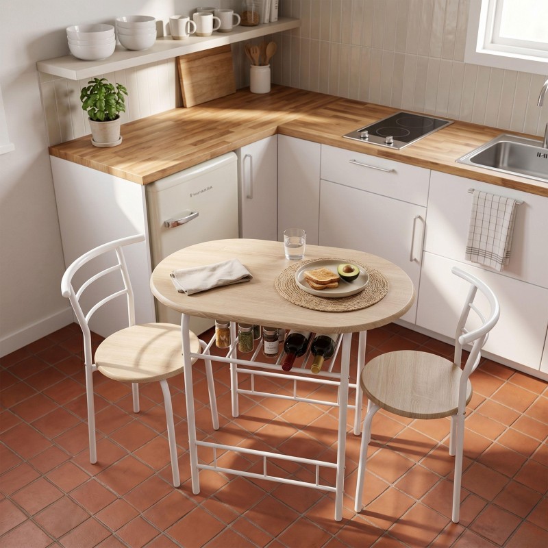 Conjunto de comedor redondo con tablero madera clara y estructura blanca con dos sillas a juego en cocina moderna