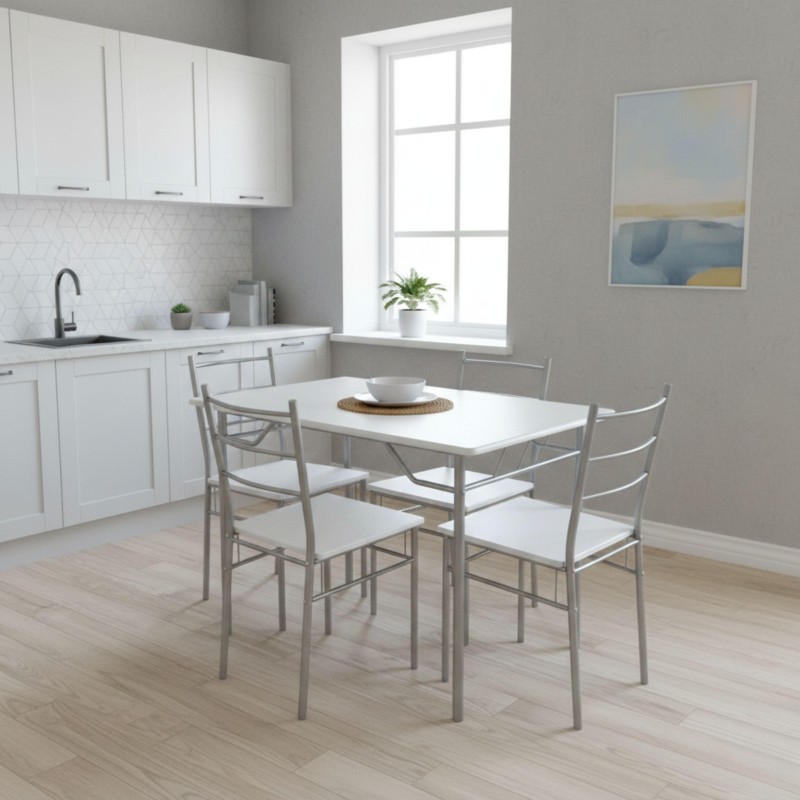 Conjunto de comedor con mesa blanca rectangular y 4 sillas metálicas grises en ambiente de cocina moderna