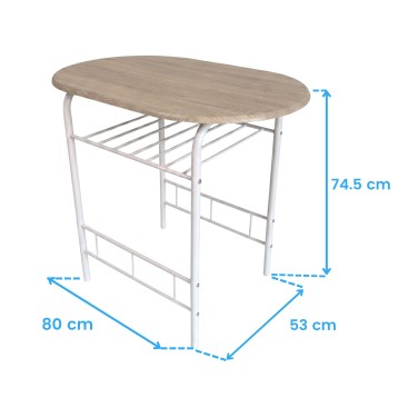 Mesa auxiliar ovalada con tablero en madera clara y estructura metálica blanca con estantes inferiores