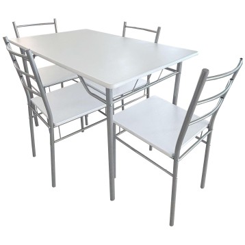 Conjunto de comedor con mesa rectangular blanca y cuatro sillas metálicas estructura gris con asiento blanco