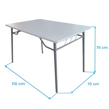 Mesa plegable rectangular con tablero gris claro y estructura metálica gris oscuro