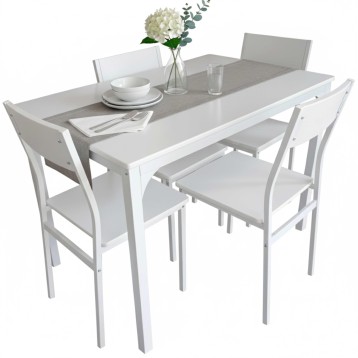 Conjunto comedor mesa blanca con tablero gris y cuatro sillas blancas con asiento tapizado