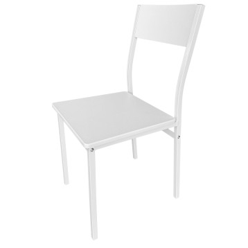 Silla de comedor blanca con respaldo recto y asiento tapizado gris claro