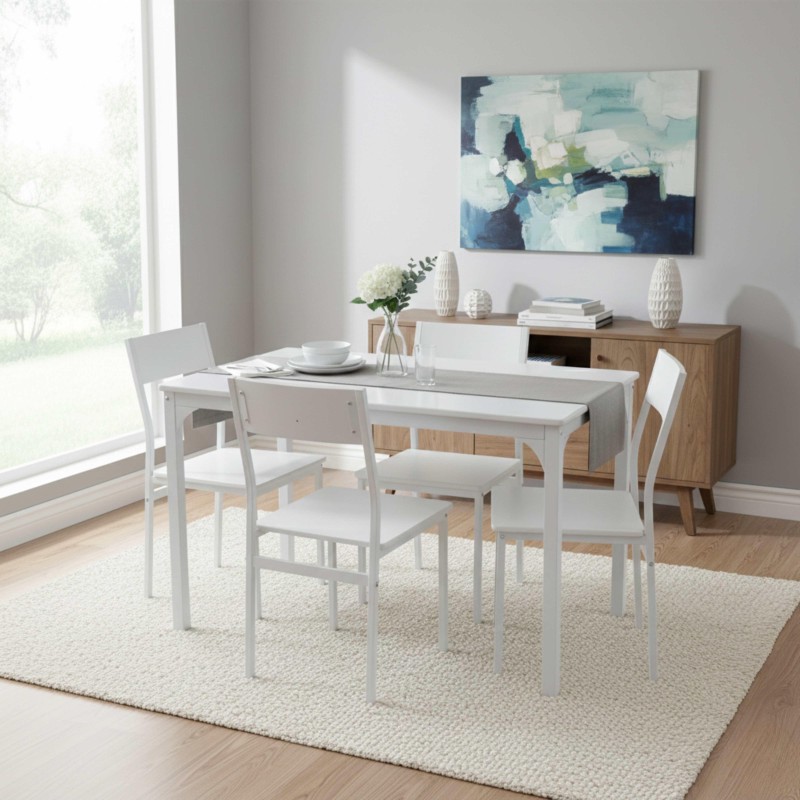 Comedor con mesa extensible blanca y sillas blancas en ambiente luminoso junto a aparador de madera y cuadro azul