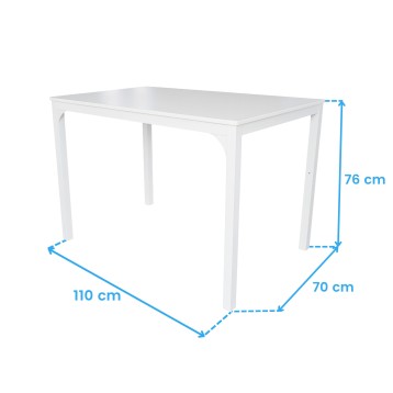 Mesa comedor rectangular blanca con tablero liso y patas rectas vistas en perspectiva con medidas