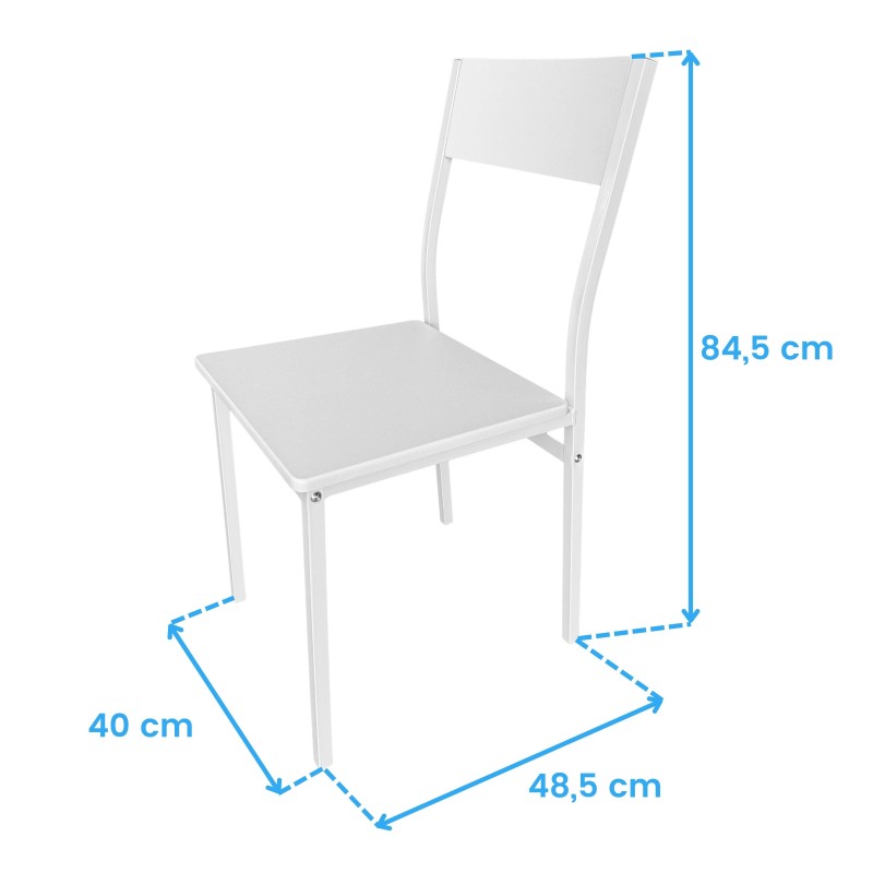 Silla de comedor con estructura metálica blanca y asiento tapizado gris claro vista frontal con dimensiones