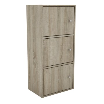 Armario modular en madera clara con tres puertas y tiradores redondos de diseño minimalista