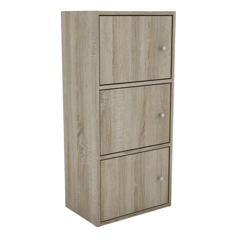 Armario modular en madera clara con tres puertas y tiradores redondos de diseño minimalista