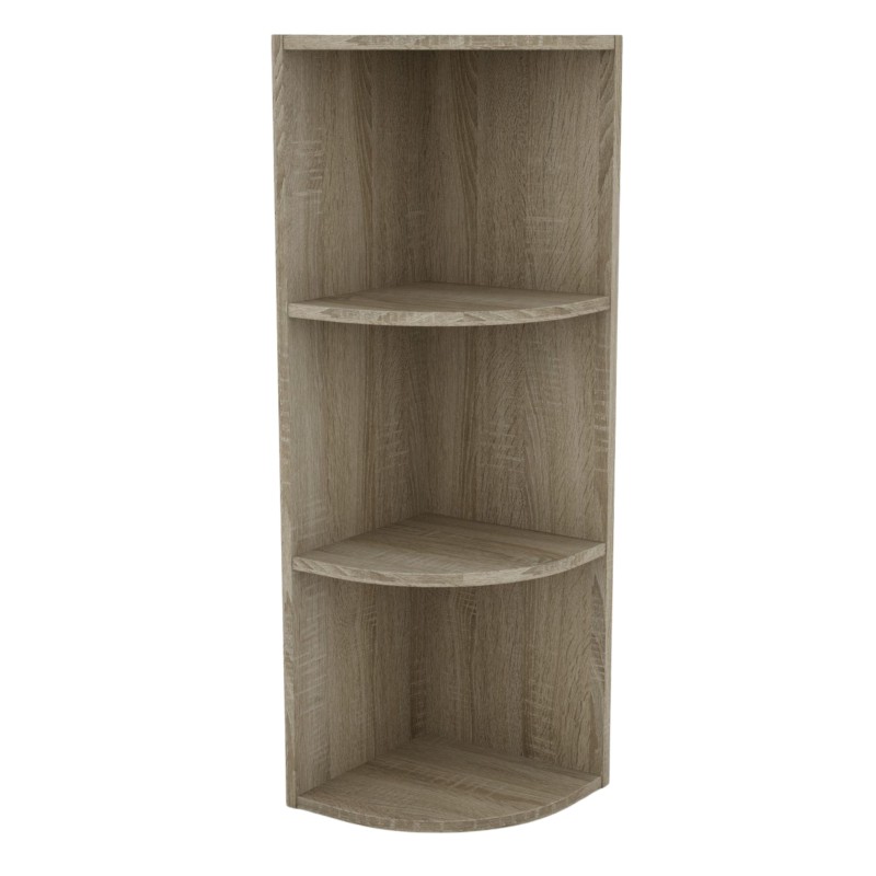Mueble rinconero de madera con tres estantes curvos y acabado gris claro