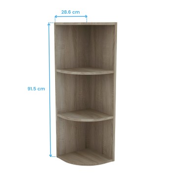 Estantería esquinera de madera clara con tres estantes curvos y diseño vertical