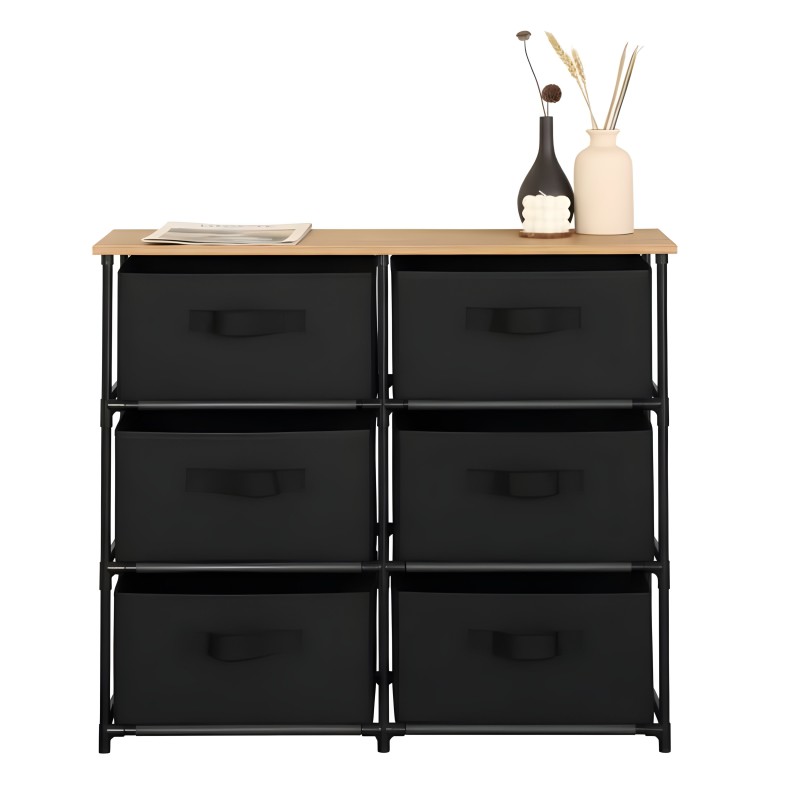 Cómoda con 6 cajones negros y tablero superior en madera natural con estructura metálica negra