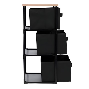 Estantería vertical negra con estructura metálica y tablero superior madera clara con tres cestas de tela negra extraíbles