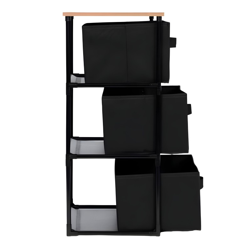 Estantería vertical negra con estructura metálica y tablero superior madera clara con tres cestas de tela negra extraíbles