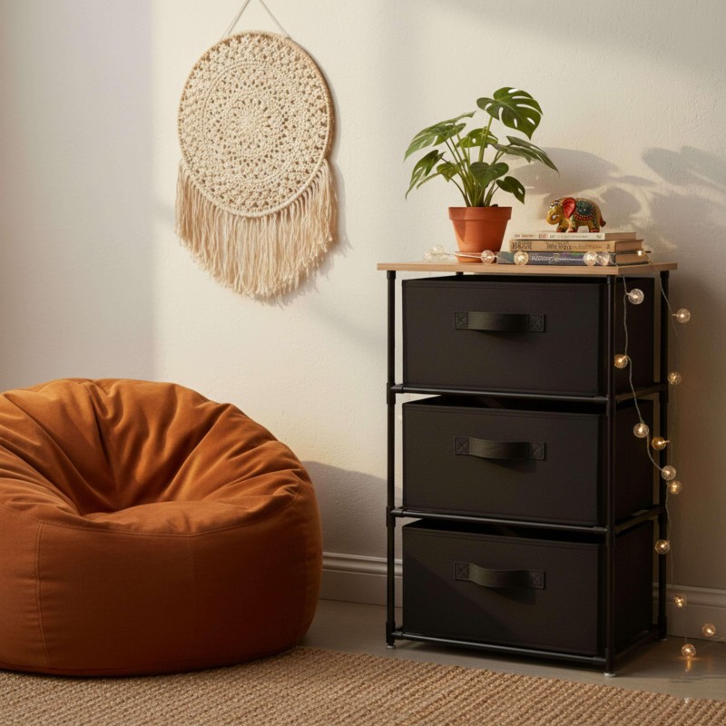 Cajonera negra con tres cajones y estructura metálica tapa de madera en ambiente de sala decorado