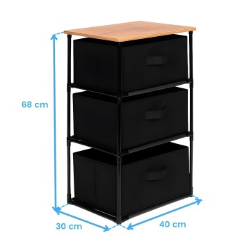 Cajonera con estructura metálica negra y tablero superior en madera clara con tres cajones negros