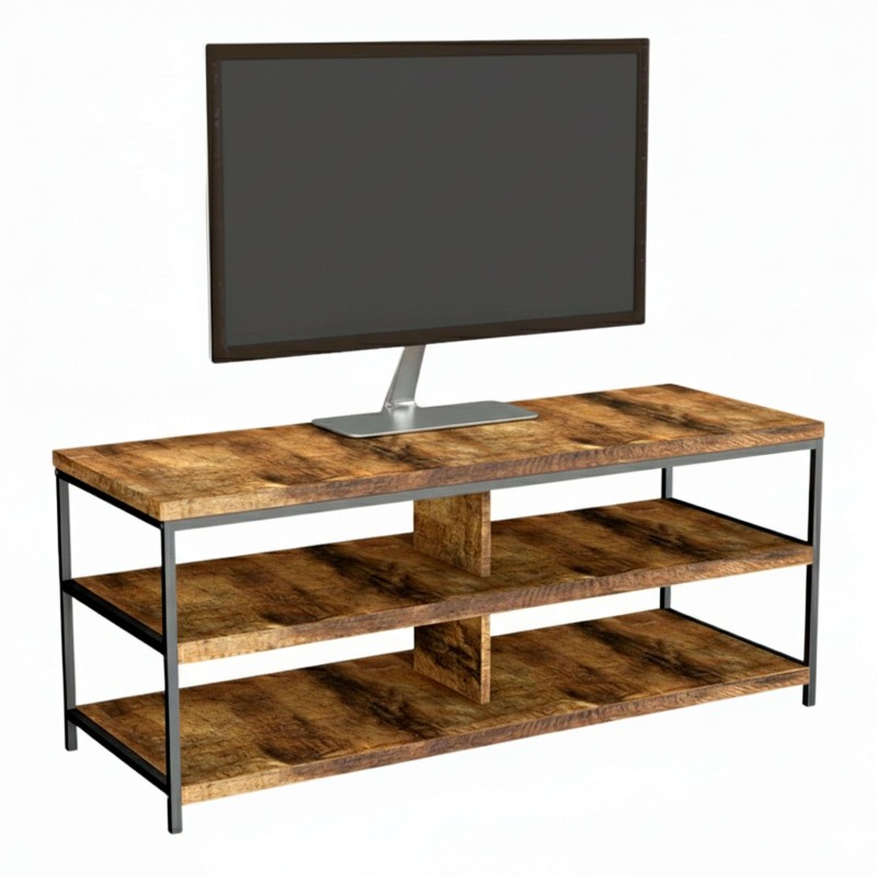 Mueble TV madera estilo industrial con tres estantes y estructura metálica gris