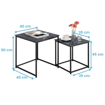 Conjunto de dos mesas auxiliares negras con estructura metálica y tablero de mármol. Mesa grande y mesa pequeña acoplables con d