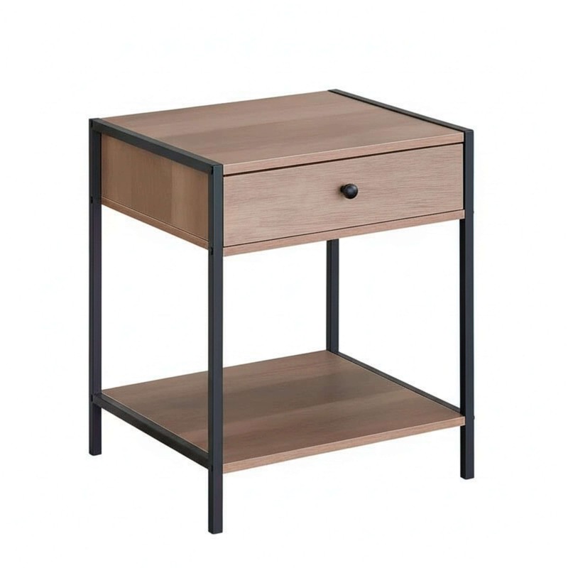 Mesita de noche estilo industrial con cajón y estante en madera clara y estructura metálica negra