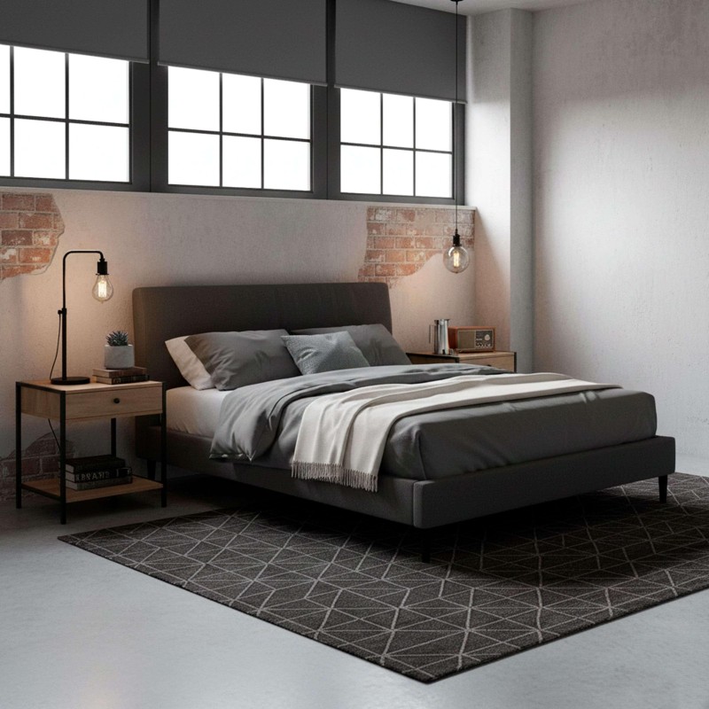 Cama de matrimonio con cabecero tapizado en gris oscuro y estructura negra en dormitorio industrial con mesillas de madera y ven