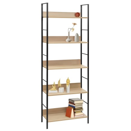 Estantería alta con estructura metálica negra y seis estantes de madera natural para almacenamiento y decoración