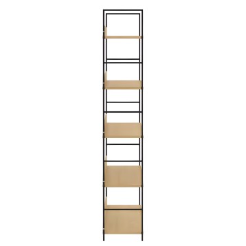 Estantería vertical de metal negro y madera natural con 6 niveles abiertos y 3 estantes cerrados