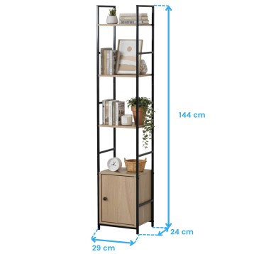 Estantería vertical estrecha con estructura negra y madera clara con estantes abiertos y armario bajo decorada con libros y plan