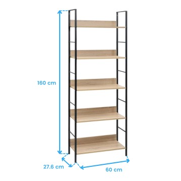 Estantería de 5 niveles con estructura metálica negra y tableros de madera clara