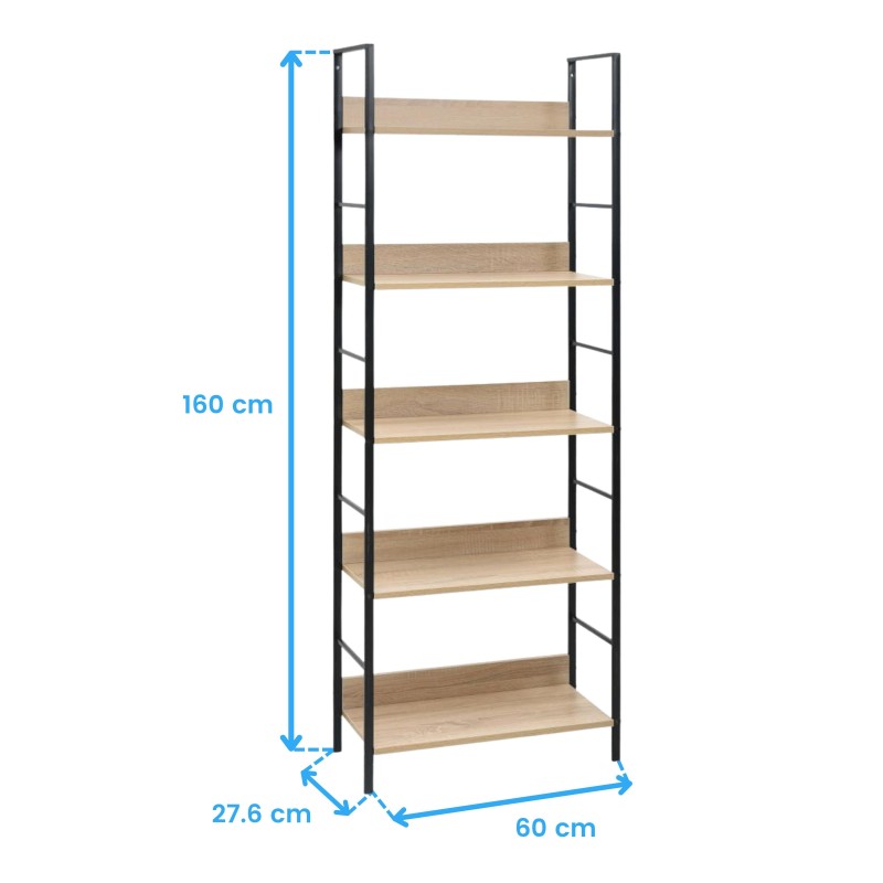Estantería de 5 niveles con estructura metálica negra y tableros de madera clara