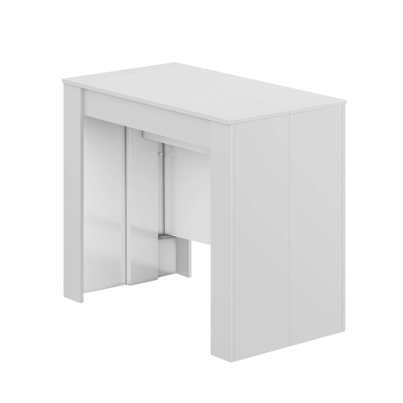 Mesa alta blanca con almacenamiento integrado y hueco central para taburetes