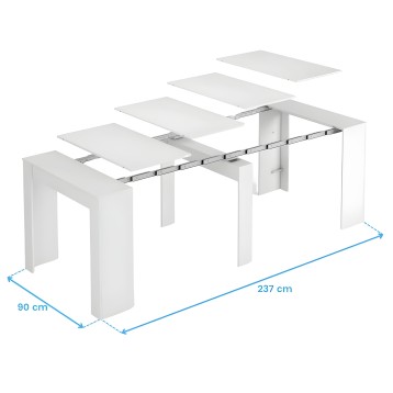 Mesa de comedor extensible blanca con tableros deslizantes y patas de panel