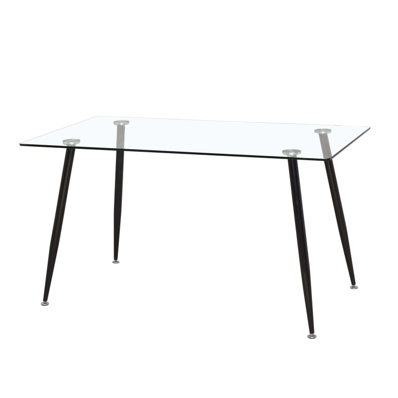 Mesa rectangular de cristal transparente con estructura de cuatro patas negras inclinadas y herrajes plateados