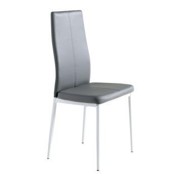 Silla tapizada en gris con respaldo alto y patas metálicas blancas