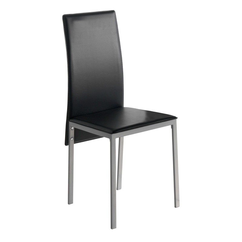 Silla de comedor con respaldo alto en cuero negro y estructura metálica gris