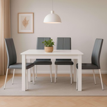 Comedor completo con mesa blanca rectangular y sillas grises tapizadas en ambiente de sala